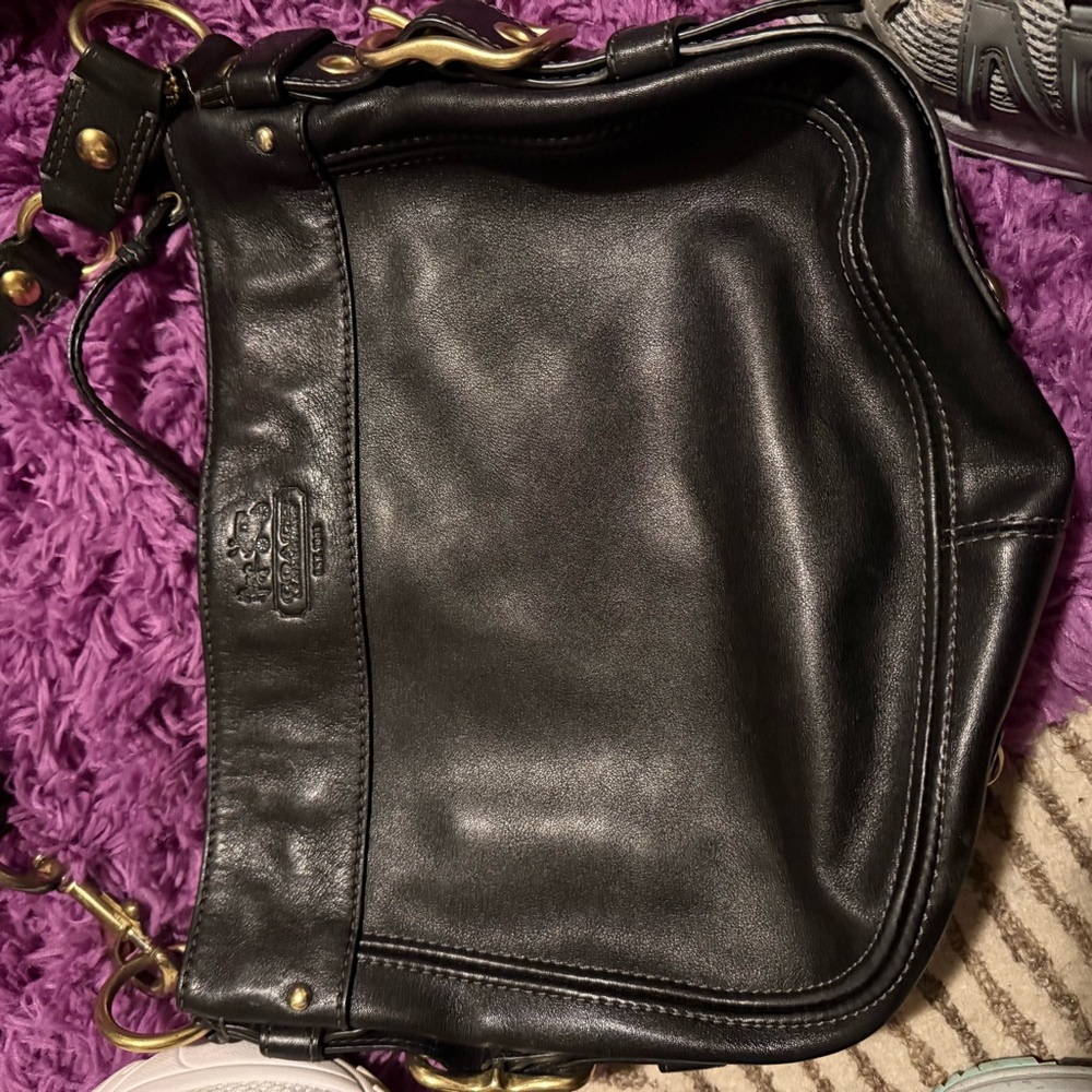 Coach Black Leather Shoulder Bag with Gold Accents